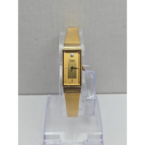 Vintage Pulsar by Seiko Tank Watch Womens Gold Tone Diamond New Battery Sz Small - Picture 1 of 12